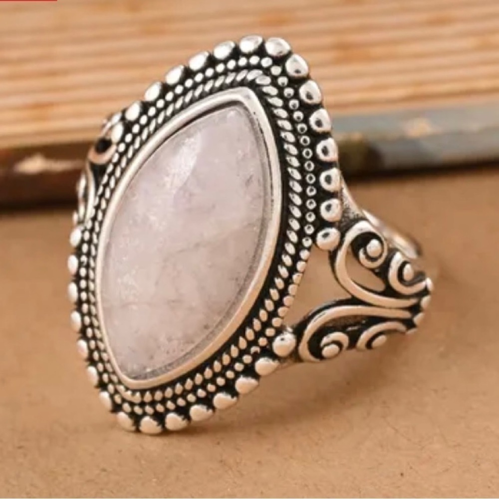 Genuine Marropino Morganite Marquee Ring set in Black Oxidized Silvertone